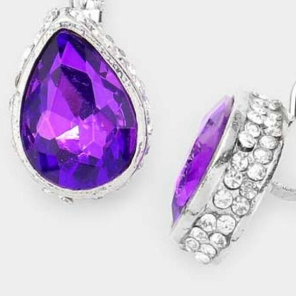 Rhinestone Purple Teardrop Stone Lever Back Silver Evening Earrings - Picture 2 of 5